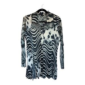 Komarov L/S Lace Crinkle Button Front Blouse Black Gray White Size Large